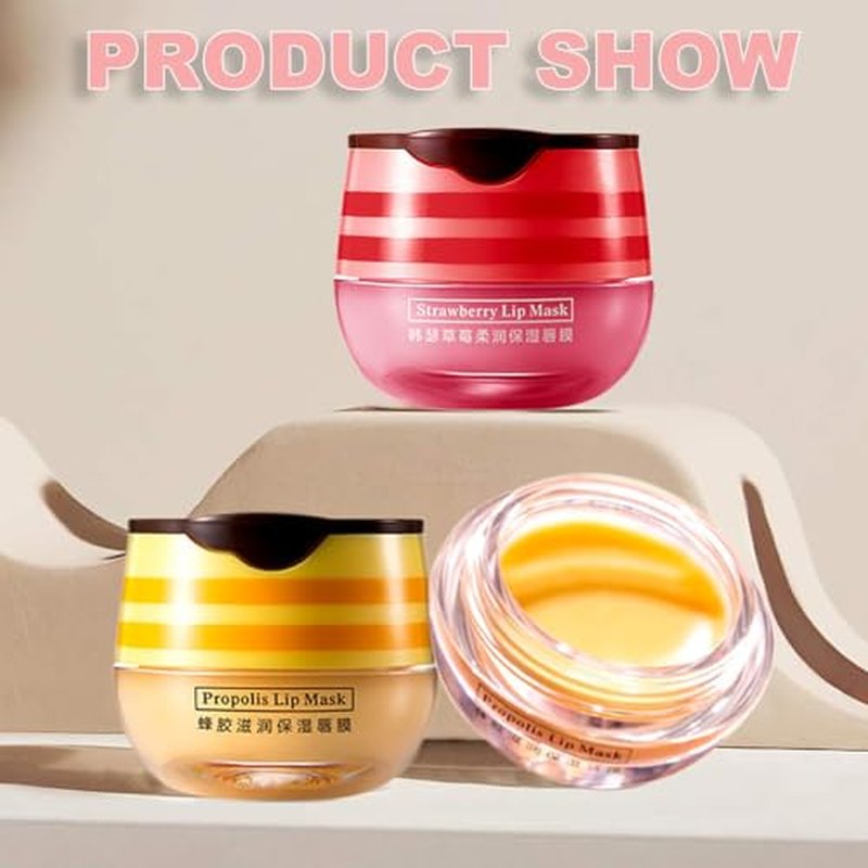 4PCS Strawberry & Honey Lip Balm, Hydrating Lip Propolis Sleeping Lip Mask, Moisturizing & Prevention Dry and Cracked Lip Scrubs Exfoliator, Lip Repair Nourishes the Lip Skin