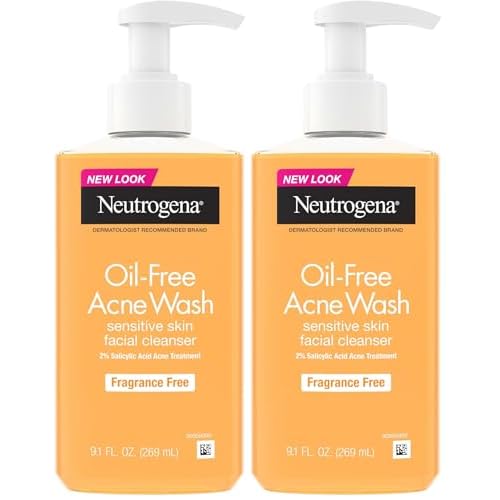 Neutrogena Oil-Free Acne Face Wash, Fragrance Free, Sensitive Skin Facial Cleanser with 2% Salicylic Acid Acne Treatment for Face, 9.1 Fl Oz,(Pack of 2)
