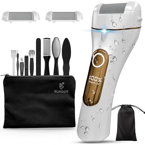 Electric Foot Callus Remover for Cracked Heels, Rechargeable Waterproof Pedicure Tool, Professional Foot Care Kit with Travel Organizer Bag & Nail Clipper | BukDot