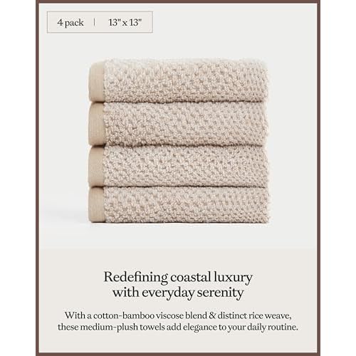 Cozy Earth Nantucket 60% Cotton 40% Viscose from Bamboo Washcloth - 600 GSM Plush & Fast-Drying with Rice Weave Pattern - 4 Pack 20" x 20" Luxury Washcloth - Sand
