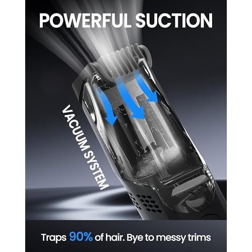 FERRISA Vacuum Beard Trimmer for Men, Rechargeable Mustache Trimmer for Men with Adjustable Length Comb, Cordless Electric Mens Beard Trimmer with Built-in Vacuum for Mustache, Sideburns (Black)