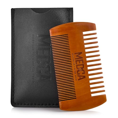 Wooden Beard Comb With Leather Case - Handcrafted Solid Beechwood Beard, Mustache and Head Hair Pocket Combs for Men Dual Action Fine & Coarse Teeth Perfect for Conditioner Oils and Beard Balms