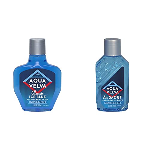 Aqua Velva After Shave Bundle, Vitamin Enriched Ice Sport After Shave with Vitamin E and Pro Vitamin B5, 3.5 oz + Classic Ice Blue After Shave, 3.5 oz