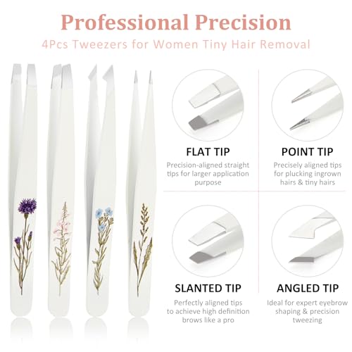 Personalized Tweezers Set for Women Facial Hair in Floral Travel Case, Small Self Care Inspirational Thoughtful Easter Gifts for Her Friend, Eyebrow Ingrown Hair Splinter Removal Grooming Kit