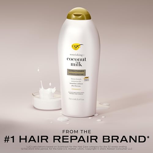 OGX Nourishing + Coconut Milk Moisturizing Conditioner for Strong & Healthy Hair, with Coconut Milk, Coconut Oil & Egg White Protein, Paraben-Free, Sulfate-Free Surfactants, 25.4 fl oz