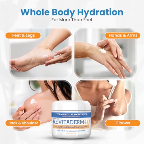 Revitaderm 4D 40% Urea Advanced Foot Cream for Cracked Heels & Dry Skin, Intensive Repair for Rough, Callused Feet, Fast Absorbing, Fragrance Free, Made in USA, 4 oz with Pumice & Brush, 1 Pack