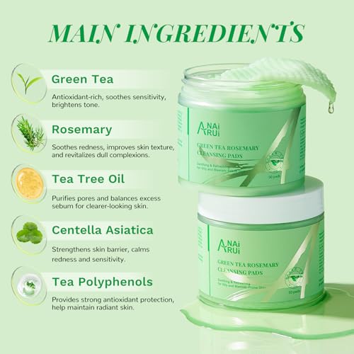 ANAI RUI Green Tea Rosemary Cleansing Pads with CICA Tea Tree Oil, Face Scrub Pads with Bubbles, Exfoliating Deep Cleansing Pad for Face and Body, Make-up Remover Wipes, 50pcs