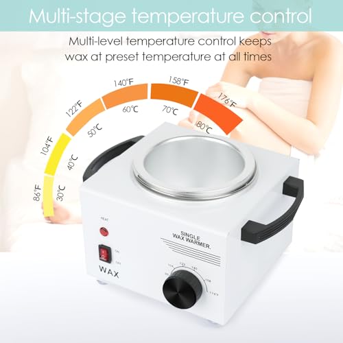 Single Wax Warmer Professional Electric wax Heater for Hair Removal- Wax Pot with 50pcs Sticks Heat up Quickly & Fahrenheit Dial, Paraffin Facial Skin Body SPA Salon Equipment
