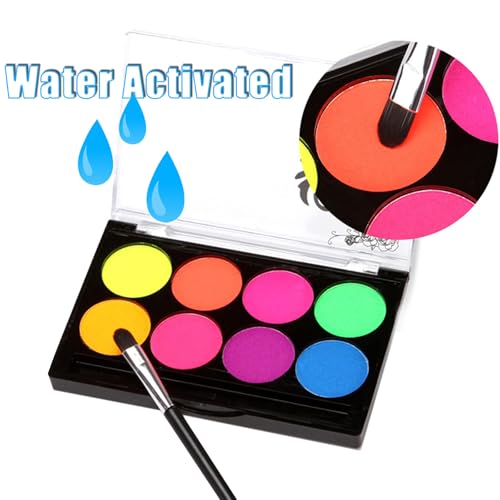 8 Neon UV-Active Makeup Palette, Glow-in-The-Dark Blacklight Body Art, Water-Based Fluorescent Face & Body Color Kit, Water-Activated Eyeliner, Washable for Adults Halloween Masquerade Club Parties