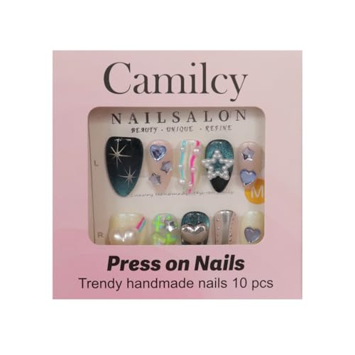 Press on Nails Handmade Nails Luxury Reusable Fake Nails For Girls Short Almond Armor Colorful Blue Diamonds HandPainted Salon Loveful Design Acrylic Gel UV Finished 3D Nails 10PCS (A074, L)