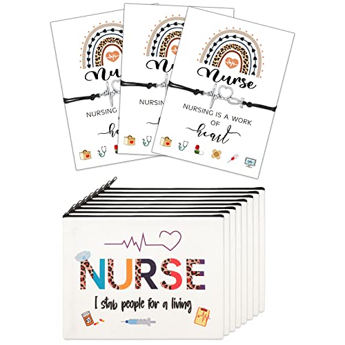 Yinkin 32 Pcs Nurse Appreciation Gift 2026 for Nurse Week 16 Canvas Makeup Cosmetic Bags Survival Kit and 16 Blessing Card Bracelets, Christmas Medical Staff Practitioner Gift for Women(Retro)