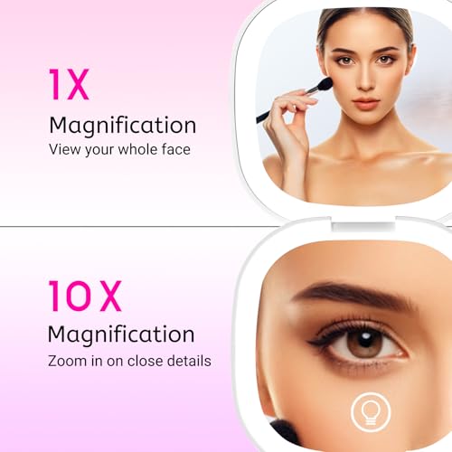 Compact LED Travel Makeup Mirror, Rechargeable Double Sided 1X/10X Magnifying Mirror, 3 Color Lighting, Dimmable Touch Screen, Foldable Lighting Mirror with USB Data Cable White