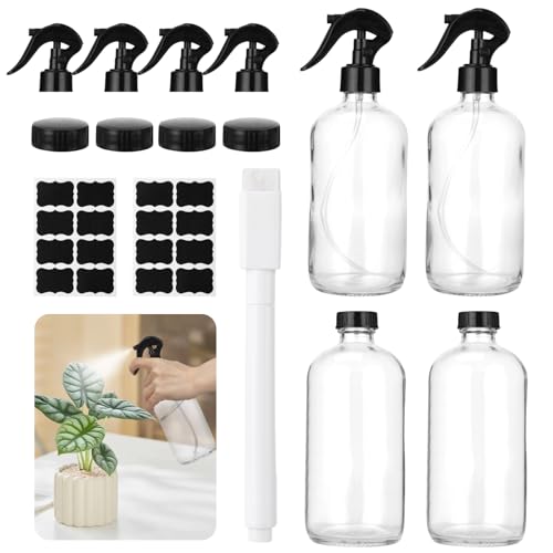 OMISTAR 4PCS 16 OZ Clear Glass Spray Bottles for Cleaning - Refillable Spray Containers with Trigger Spray Caps, Screw Caps, Label Stickers, and Pen, Ideal for Cleaning, Essential Oils, Hair Care