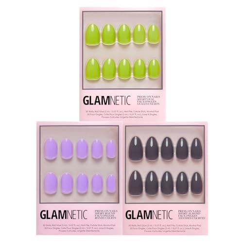 Glamnetic Press-On Nails Bundle - Lilac, Ash Gray & Lime Green | Opaque Light Pastel Purple Round Nails | Smoke Gray Short Almond False Nails | Neon Green Short Oval Fake Nails