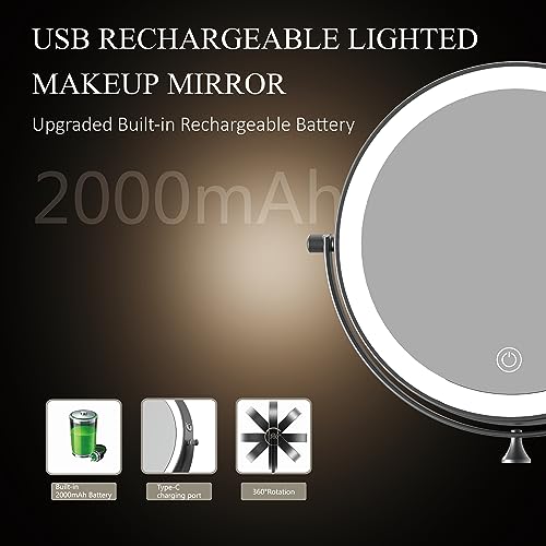 Rechargeable Wall Mounted Lighted Makeup Vanity Mirror 8 Inch Double Sided 1X 10X Magnifying Bathroom Mirror, 3 Color Lighting, Touch Screen Dimming, 360 Rotation Shaving Mirror