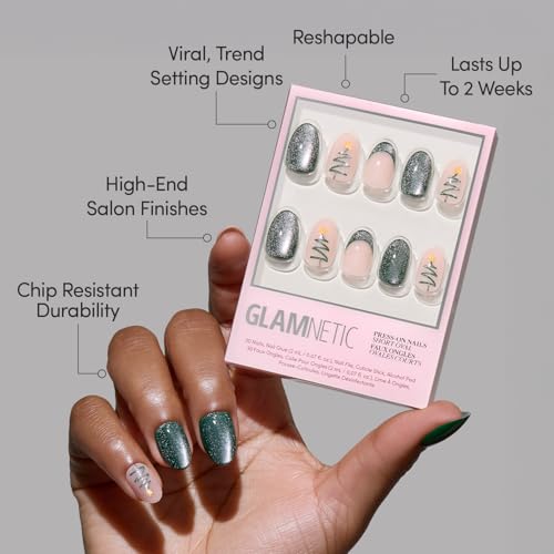 Glamnetic Press-On Nails Bundle - Velvet Pine & Fiery Red | Deep Green Short Oval Fake Nails with French Tips, Tree Designs & Velvet Finish | right Red Short Almond False Nails | Durable, Salon-Qualit
