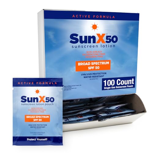 CoreTex Sun X 50 SPF Broad Spectrum Sunscreen Packets - Pack of 100 Paraben, Oxybenzone, Octinoxate, & Oil Free Sunscreen - No White Cast and Water Resistant Up to 80 Minutes
