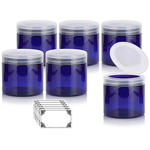 JUVITUS Cobalt PET Plastic (BPA Free) Refillable Jar with Clear Natural Flip Top Cap - 16 oz (6 Pack) + Labels