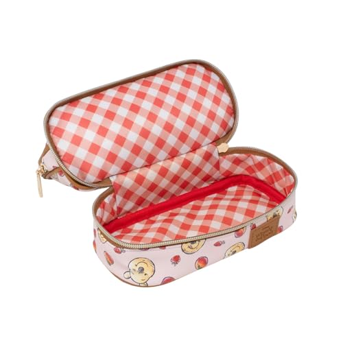 Impressions Vanity Winnie the Pooh Double Layer Makeup Bag with Top and Bottom Zippered Compartments, Winnie the Pooh Artwork Makeup Organizer with Faux Saffiano Leather, Gold Hardware Slip Pocket