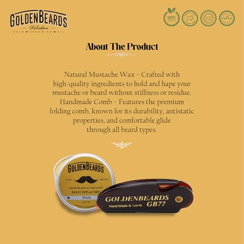 Golden Beards Mustache Wax with GB-77 Folding Comb ? Organic & Natural Styling Wax for Men ? Strong Hold, Vegan, Cruelty-Free Grooming Kit