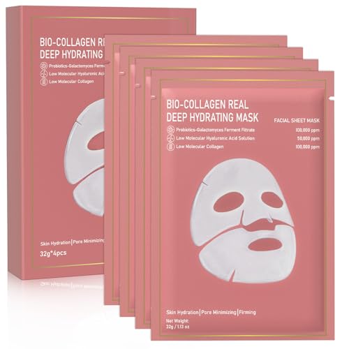 Collagen Face Mask, 4 Pack Bio-Collagen Real Deep Mask Overnight Hydrating Face Mask for All Skin Types,Original Hydrating Collagen Face Mask