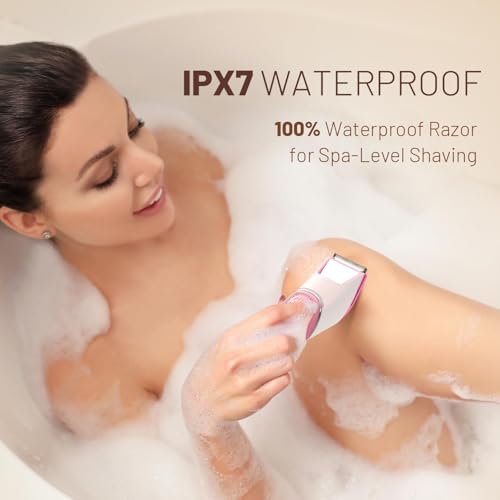 Rechargeable Bikini Trimmer for Women: Pubic Hair Razor with Mirror & LED Light - IPX7 Waterproof Electric Shaver, Travel Lock & Ceramic Blades for Legs Underarm - Light Rose