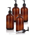 (4 Pack) 16 oz Amber Glass Boston Round Bottle with Black Lotion Pump
