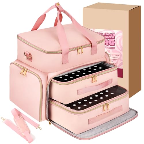 DERSTUEWE Nail Polish Organizer Case ? Waterproof Travel Bag with Hard Bottom ? Double Layer Nail Storage Bag with Adjustable Dividers & Nail Lamp Compartment (Pink)