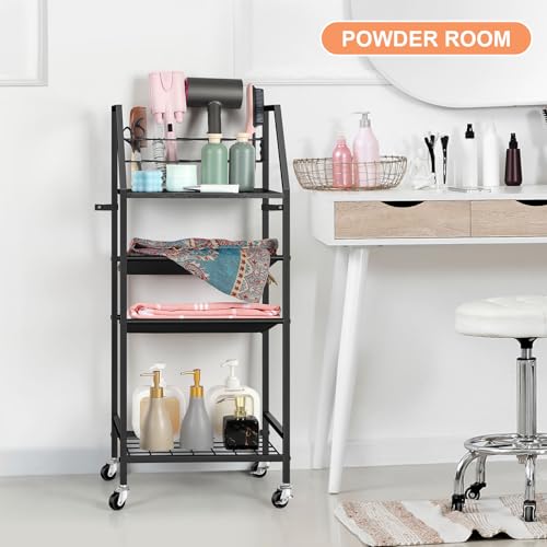 OYEAL 4 Tier Metal Bathroom Cart on Wheels Black Freestanding Bathroom Shelf Organizer with storage shelves Hair Dryer Holder Movable Towel Storage Cart for Liviing Room, Laundry Room, Kitchen