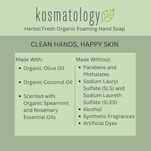 kosmatology Herbal Fresh (Spearmint-Rosemary) Organic Foaming Hand Soap | Moisturizing Hand Wash | Clean Ingredients, Infused with Essential Oils | 8.5 fl oz