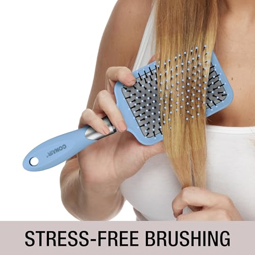 Conair Velvet Touch Paddle Cushion hair brush - Detangling hairbrush - curly or straight styles - men or women - detangler - features soft touch handle - Sky Blue