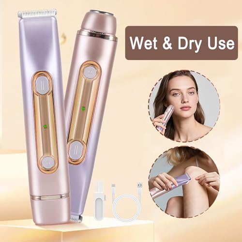 2 in 1 Bikini Trimmer for Women Dual Head Electric Razor IPX7 Waterproof Wet/Dry Use Women Electric Shaver, Body Facial Hair Remover for Bikini Legs Arm Underarm, Rechargeable