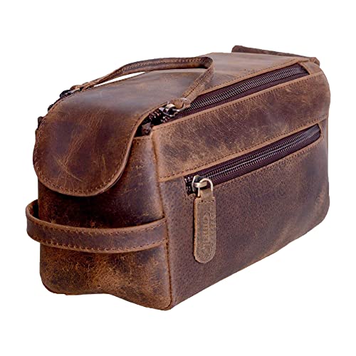 KomalC Premium Buffalo Leather Toiletry Bag for Men & Women With Water resistant Lining, Grooming Travel Pouch, Unisex Wash Bag for Toiletries, Gifts for Men and Women