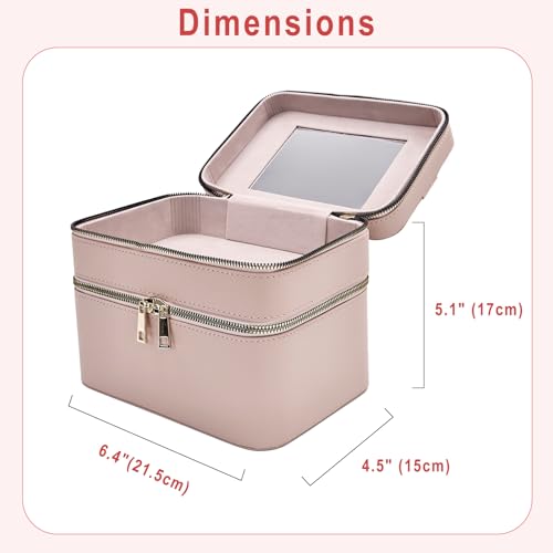 Hard Shell Double Layer Makeup Train Case with Mirror, Large Capacity Travel Cosmetic Organizer, Water-Resistant PU Leather Toiletry Bag for Women