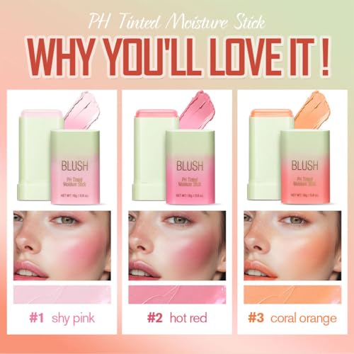 PH Color Changing Blush Stick, Multi-purpose Makeup Hydrating Blush Stick PH-Sensitive Color-Changing Lip Tint, Long-Lasting 24 Hours (1# Shy Pink, 0.6 Oz)