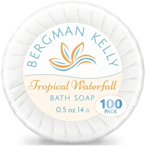 BERGMAN KELLY - Hotel Soap Bars in Bulk - Tropical Waterfall, 0.5 oz, 100 PK - Small Individually Wrapped Round Soap - Travel Size Mini Toiletries for Airbnb, Motel, Guest Bathroom