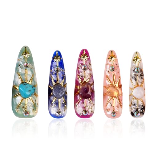 Tmani 10pc/set Long Handmade Press On Nail Hot Girl's Long Nails Ten Kinds of Natural Crystal Stone Decoration Fake Nails Suitable For Girls Festival Parties and Birthday Gift(442,M)