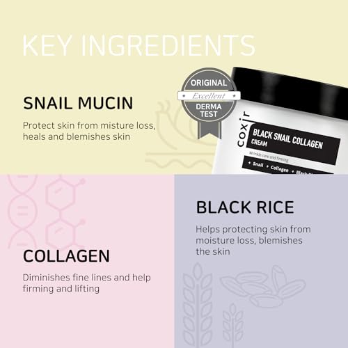 coxir BLACK SNAIL COLLAGEN CREAM l Snail Mucin, Collagen, Black Rice, Peptide l Moisturizing, Firming, Skin Barrier l Korean Skin Care, Moisturizer [50ml/1.69 fl.oz] (Pack of 2)