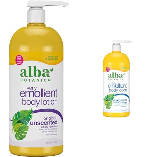 Alba Botanica Very Emollient Body Lotion, Unscented Original and Maximum Dry Skin Formula, 32 Oz Each
