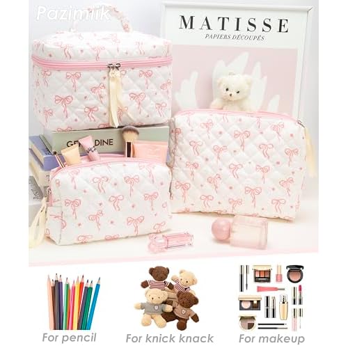 3PCS Makeup Bag SET Large Travel Quilted Zipper Soft Cosmetic Case Pouch for Women Girls Make Up,Bow Pink