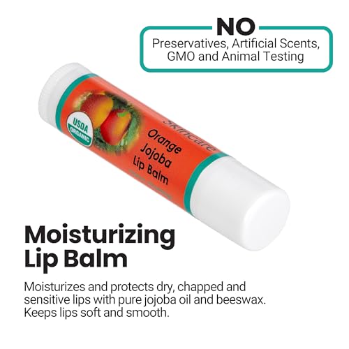 | USDA Organic Orange Lip Balm ? 70% Jojoba Oil with Beeswax ? Natural Orange Essential Oil ? Nourishes & Softens Dry Lips ? 2-Pack (0.15 oz / 4.6 g Each)