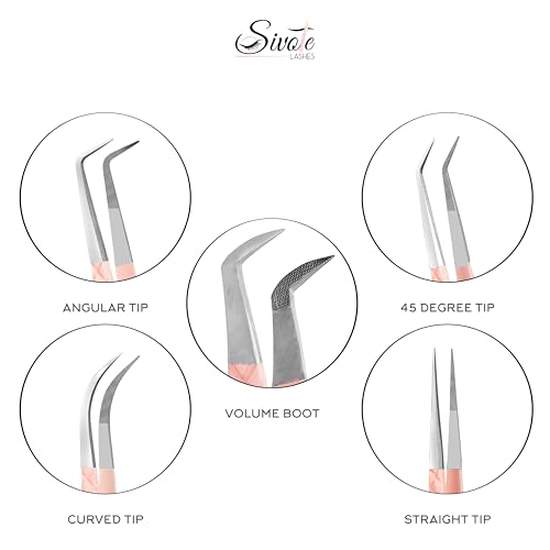 SIVOTE Lash Tweezers for Eyelash Extensions, Pack of 5 Peach ? Lash Extension Tweezers Set with Diamond Grip, Precision Fiber Tip for Volume Eyelash Extensions