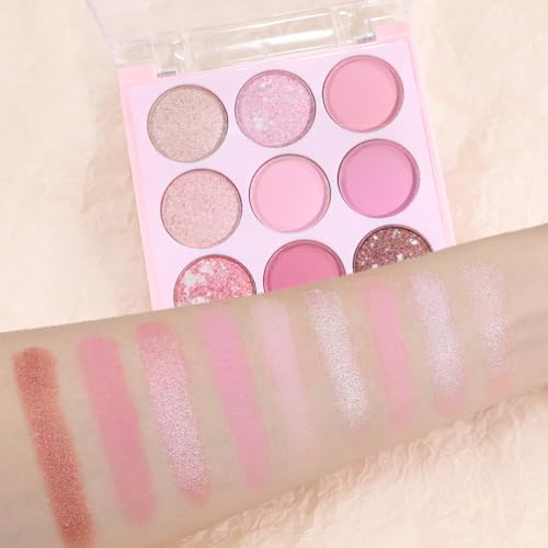 Pink Shimmer Eye Shadow Makeup Palette 9 Colors, Highly Pigmented Matte Glitter Shimmer Pearl Waterproof Party Sparkling Eyeshadow Palette for girl (9 Colors pinks)