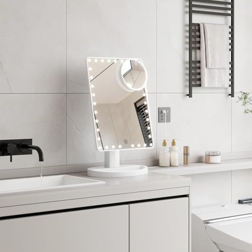 FUNTOUCH Large Lighted Makeup Mirror with Lights, Light Up Mirror with Small 10x Magnification for Desk, 360¡ÆRotation Touch Screen,Brightness Adjustable Tabletop Cosmetic Vanity Make Up Mirror