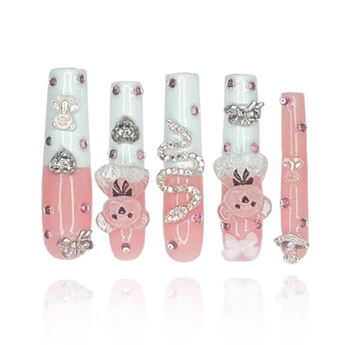 2025 Long Pmma Acrylic Handmade Nail Design Novelty with Rhinestone Bear Love Snake Design Glossy Nail, Reusable Nail Set with Box Gift for Women (White-pink, M)