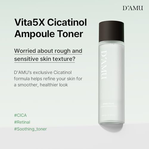 D'AMU CICA Retinol Toner ? Hydrating & Soothing Ampoule Toner with Vita 5X Multi-Vitamin Complex for Pore Refining, Skin Texture & Elasticity ? Korean Skincare ? 6.76 fl.oz.