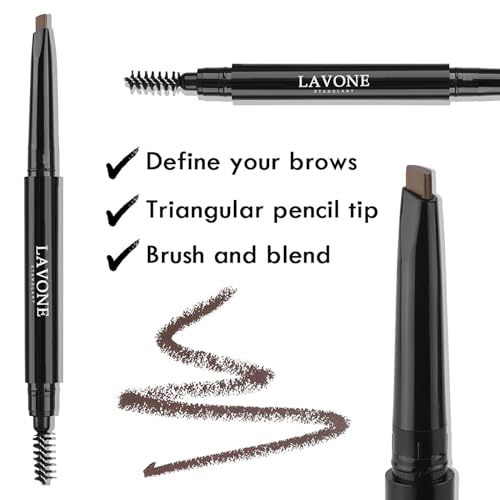 LAVONE Eyebrow Pencil - Makeup Waterproof Brow Pencil with Triangular Tip, Dual-Sided Brow Brush, Precise, Fine Tip, Fills Brows Creates Natural Looking Brow, with Hair Clips - Dark Brown