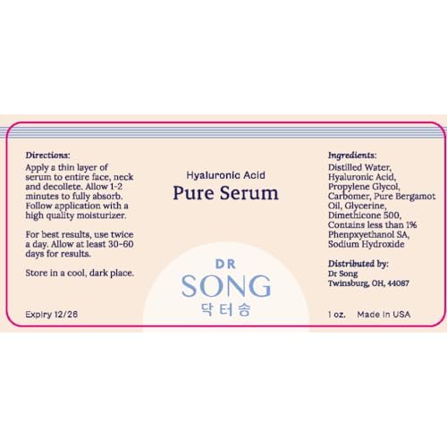 Dr Song Pure Hyaluronic Acid Serum, Korean Skin Care Moisturizer, Anti Aging Korean Beauty (1 Fl Oz)
