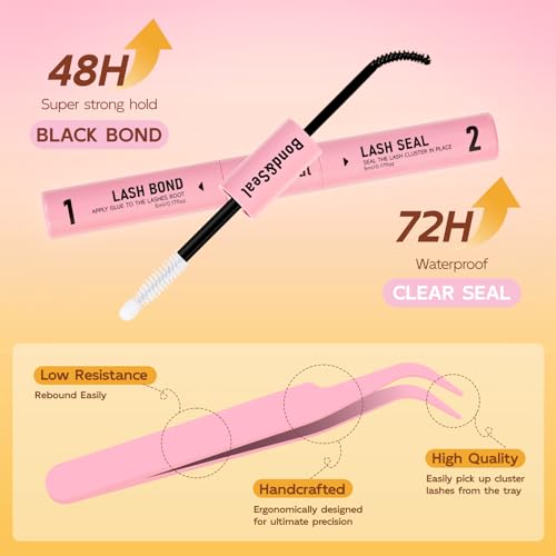 QUEWEL Lash Clusters Kit, 280 Pcs Lash Clusters 30D 40D 12-18mm Thin Band Lashes Clusters Natural Look Eyelash Extension Kit With Lashes Bond Seal Eyelashes Tweezers (LSTZ-30D+40D)