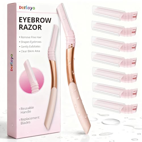 Eyebrow Razor and Face Razor for Women, Reusable Metal Handle with 7 Refill Blades, Dermaplane Razor with Protective Silicone Cap, Eyebrow Hair Trimmer